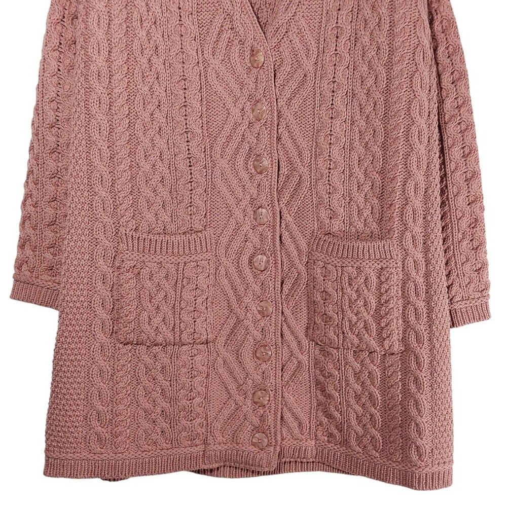 Aran Crafts 100% Merino Wool Cable Knit Long Cardigan Coat Rose/Mauve Cozy XL - Picture 4 of 7